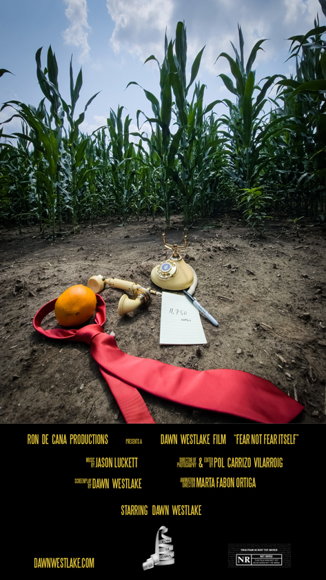 Pòster de la pel·lícula 'Fear not fear itself'. Al primer pla, hi ha una corbata vermella, una taronja, un telèfon antic, una llibreta amb un bolígraf i una nota que diu '11.7.50'. Tot es troba a terra, en un camp de blat de moro. El fons és un cel blau amb núvols. A la part inferior, es troben els crèdits, el nom del director i el títol de la pel·lícula.